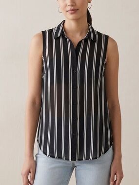 H&M Sheer Black & White Striped Sleeveless Button Down Blouse Top Size 4